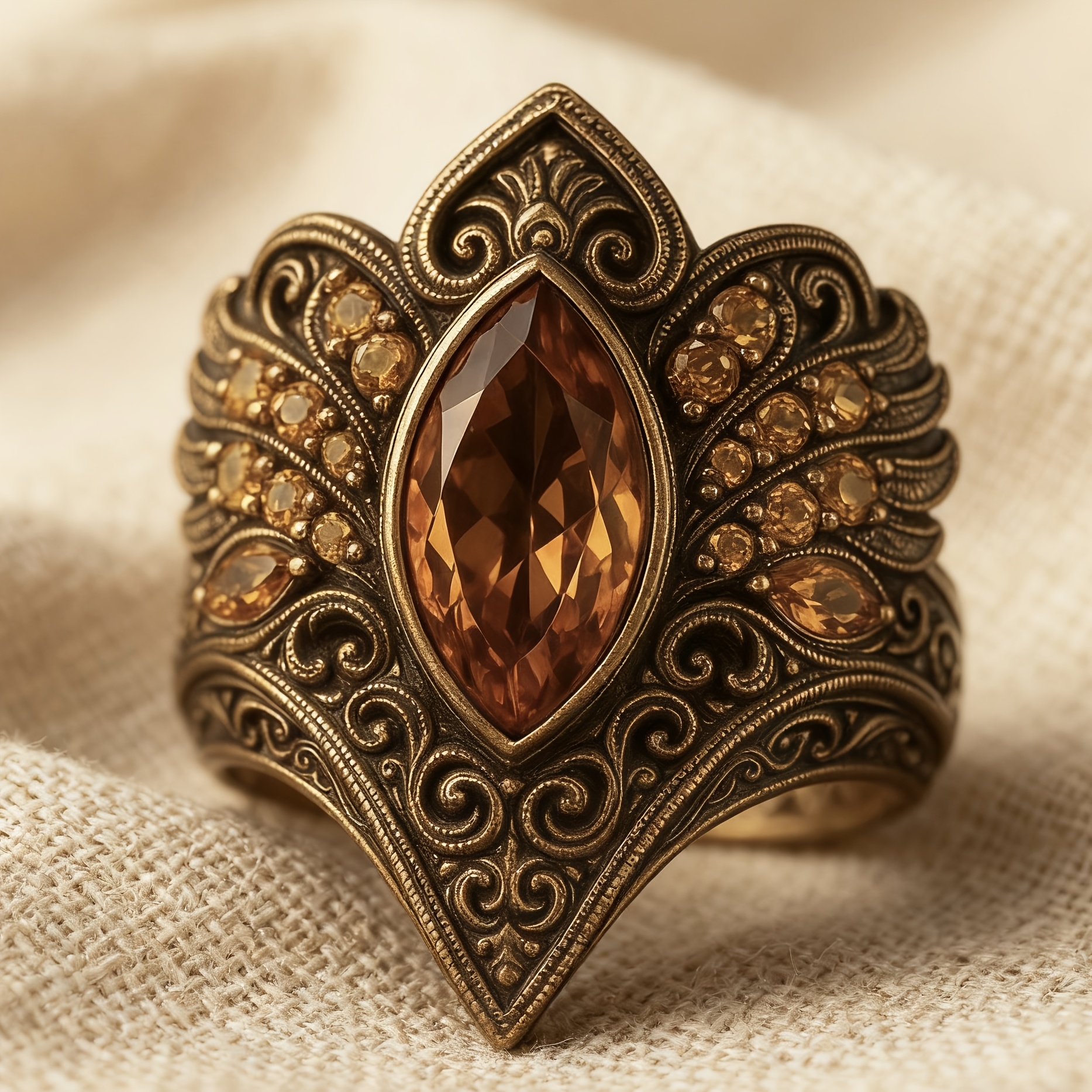 Copper Inlaid Champagne Colored Synthetic Zirconia Ring